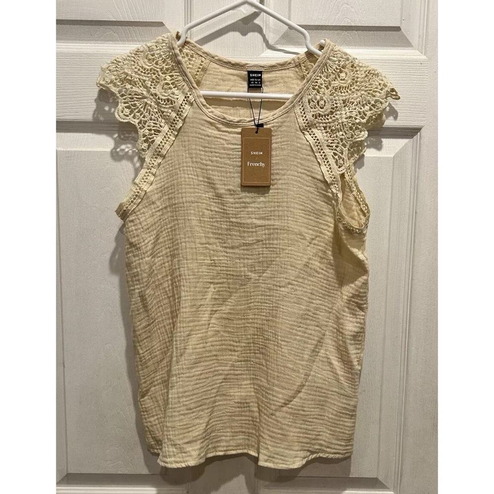 SHEIN Frenchy Beige Cotton Gauze Crochet‎ Lace Flutter Sleeve Boho Top XS NEW